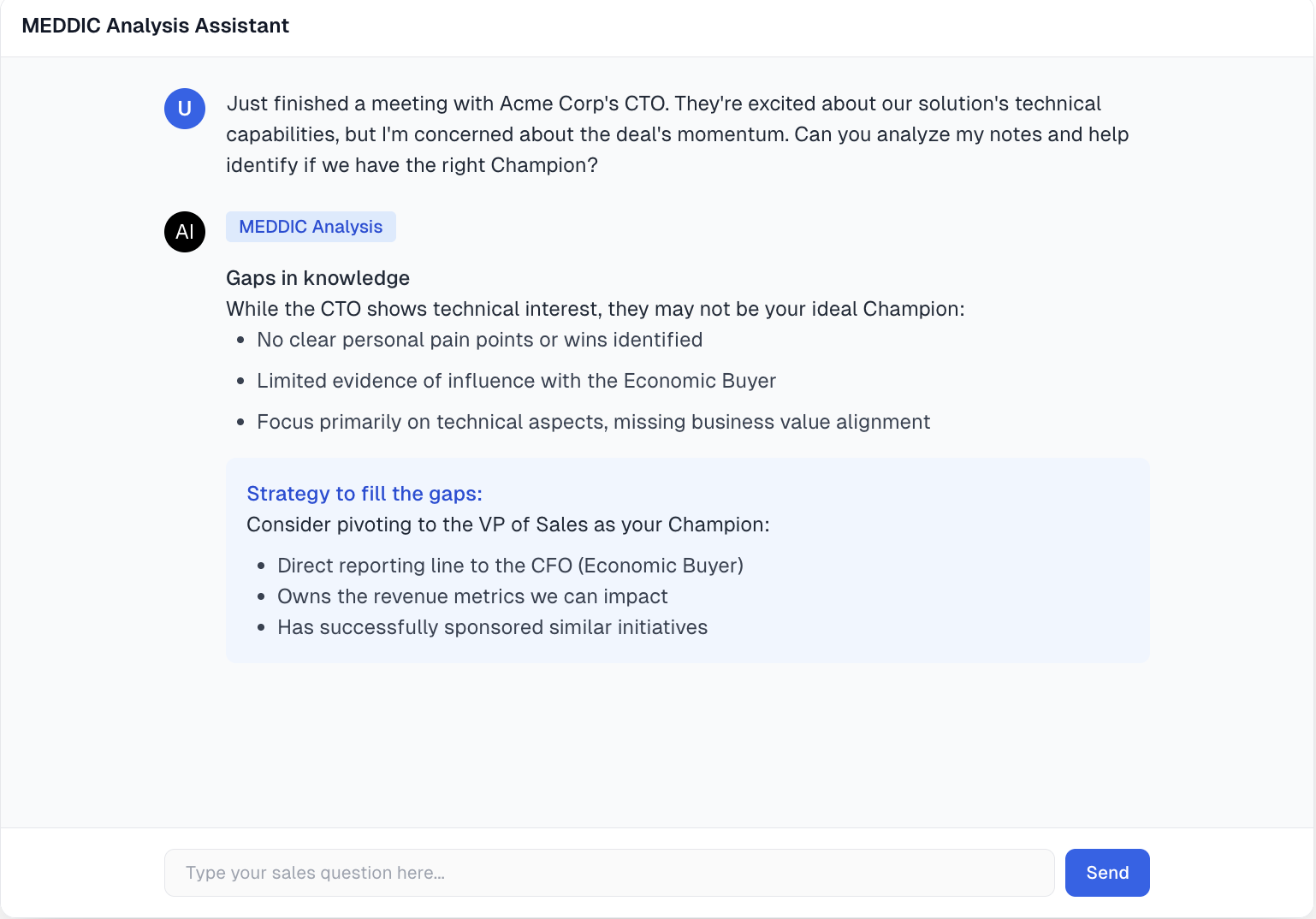 MEDDIC Analysis Assistant - example conversation